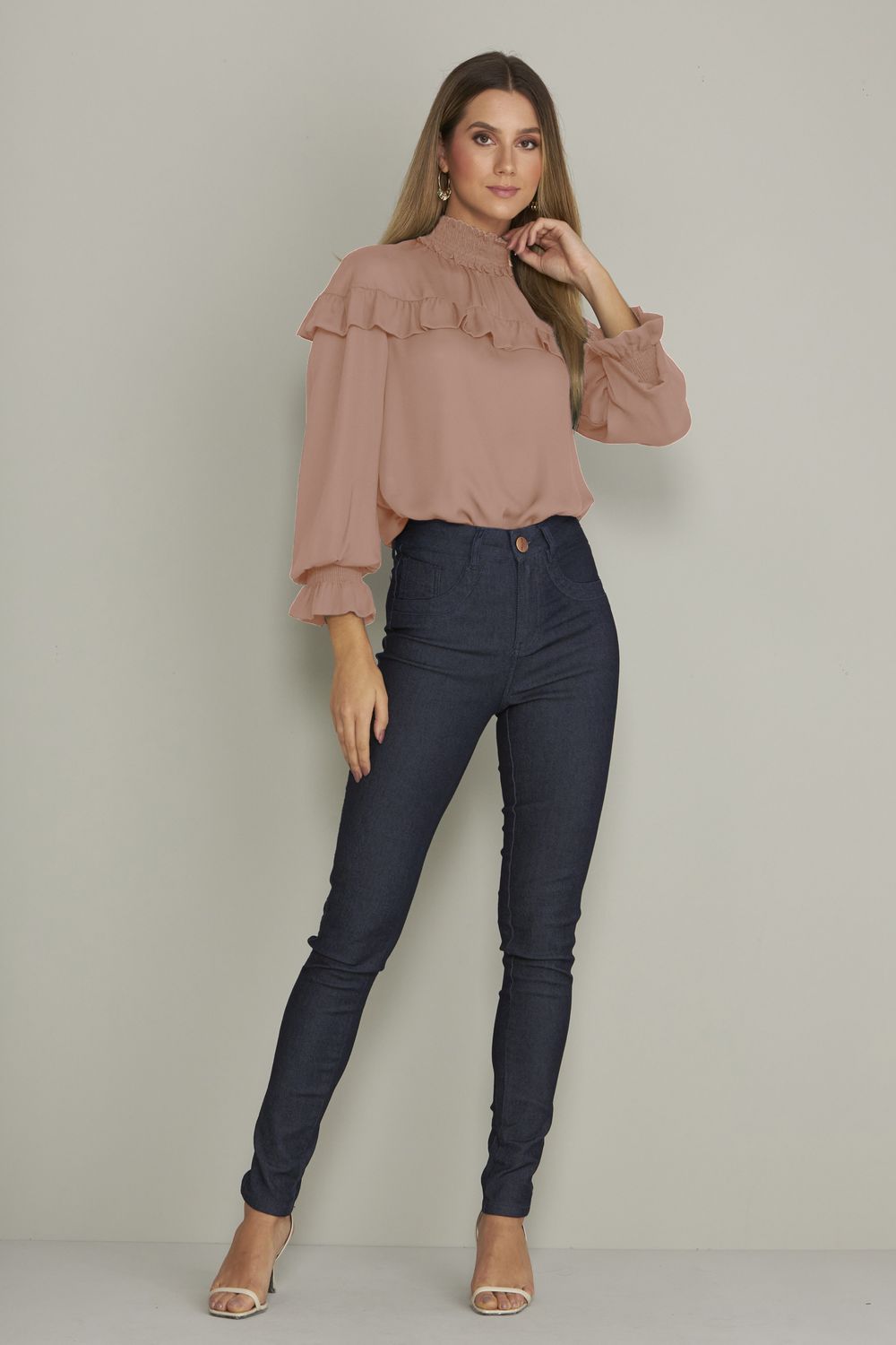 BLUSA MANGA LONGA LISA C/ GOLA  ALTA LASTEX