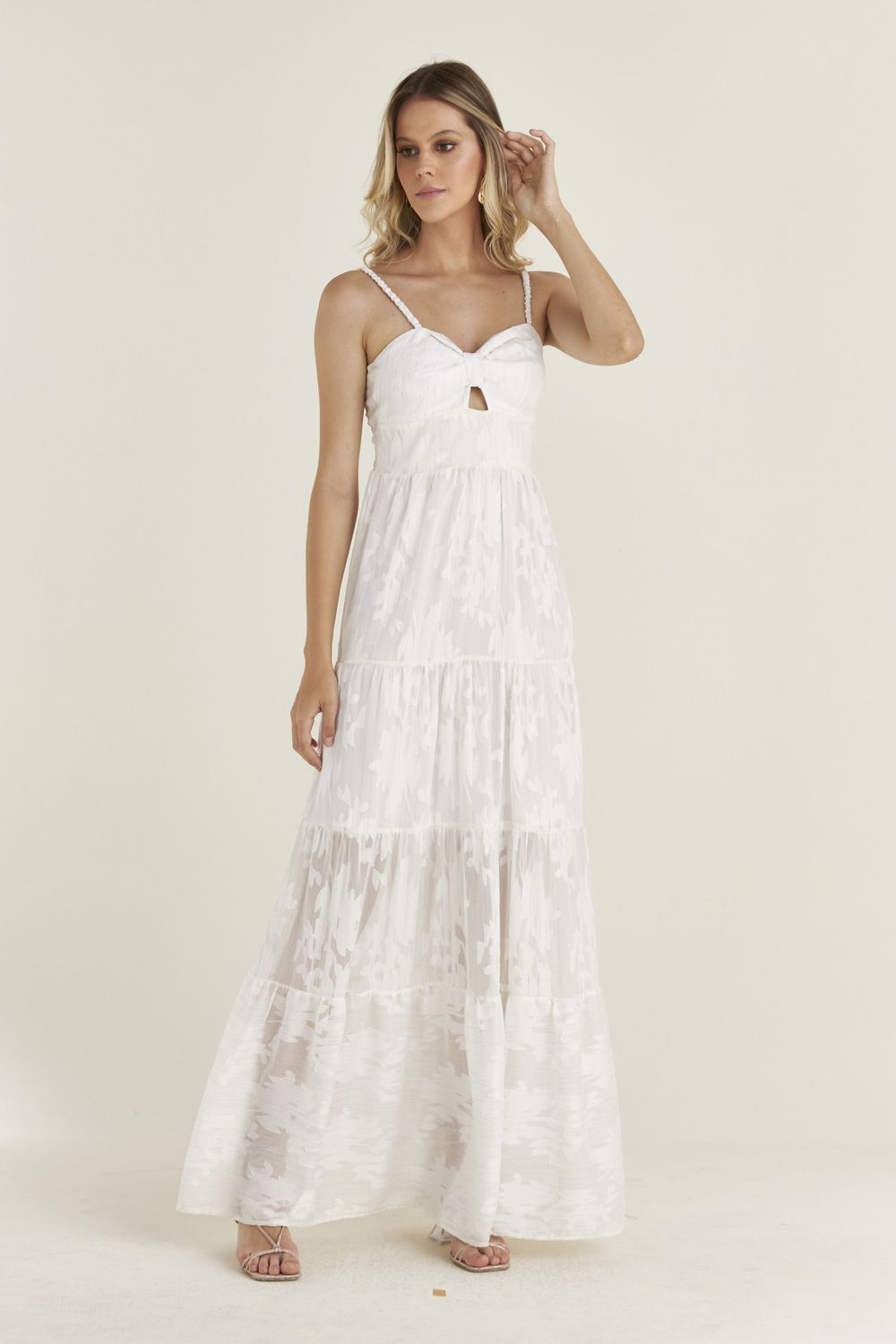 VESTIDO LONGO FLORAL LUREX PRATA