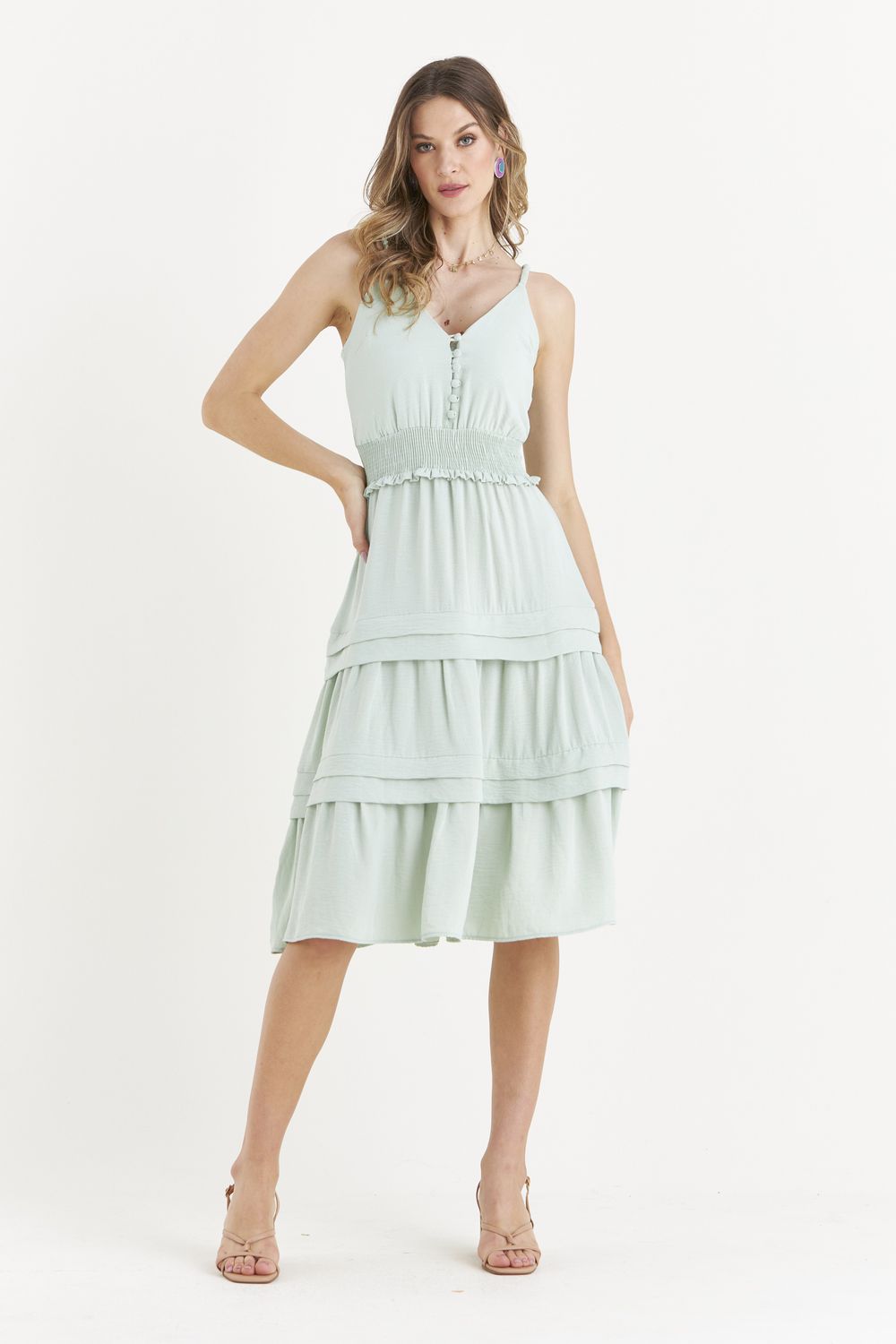 VESTIDO LISO MIDI FLOW C/ PREGAS