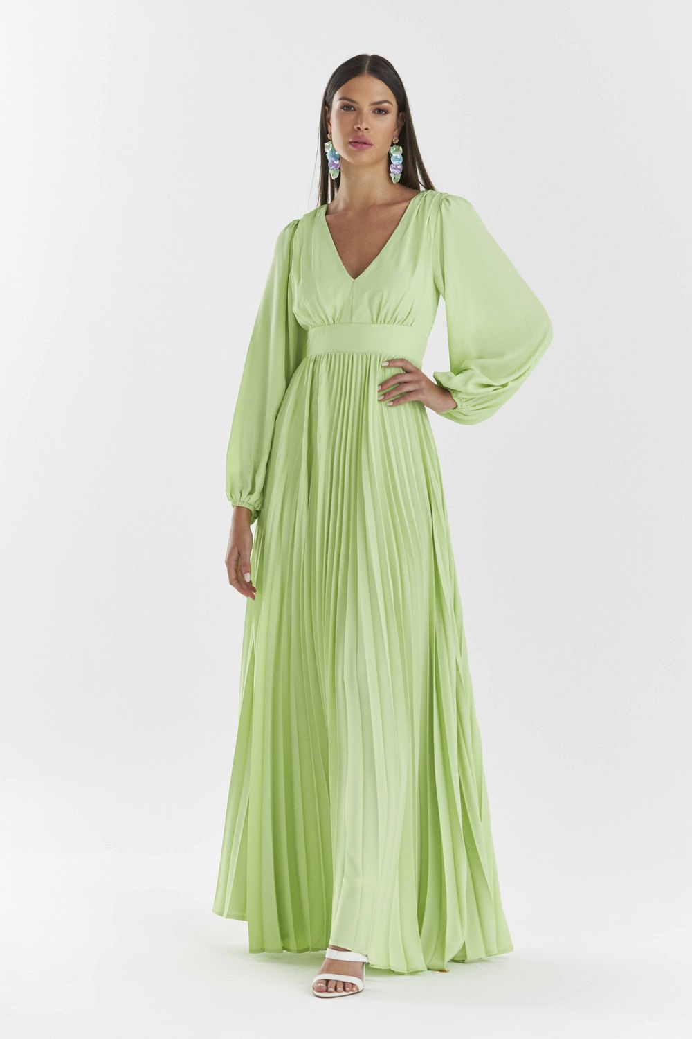 VESTIDO LONGO LISO COM SAIA PLISSADA