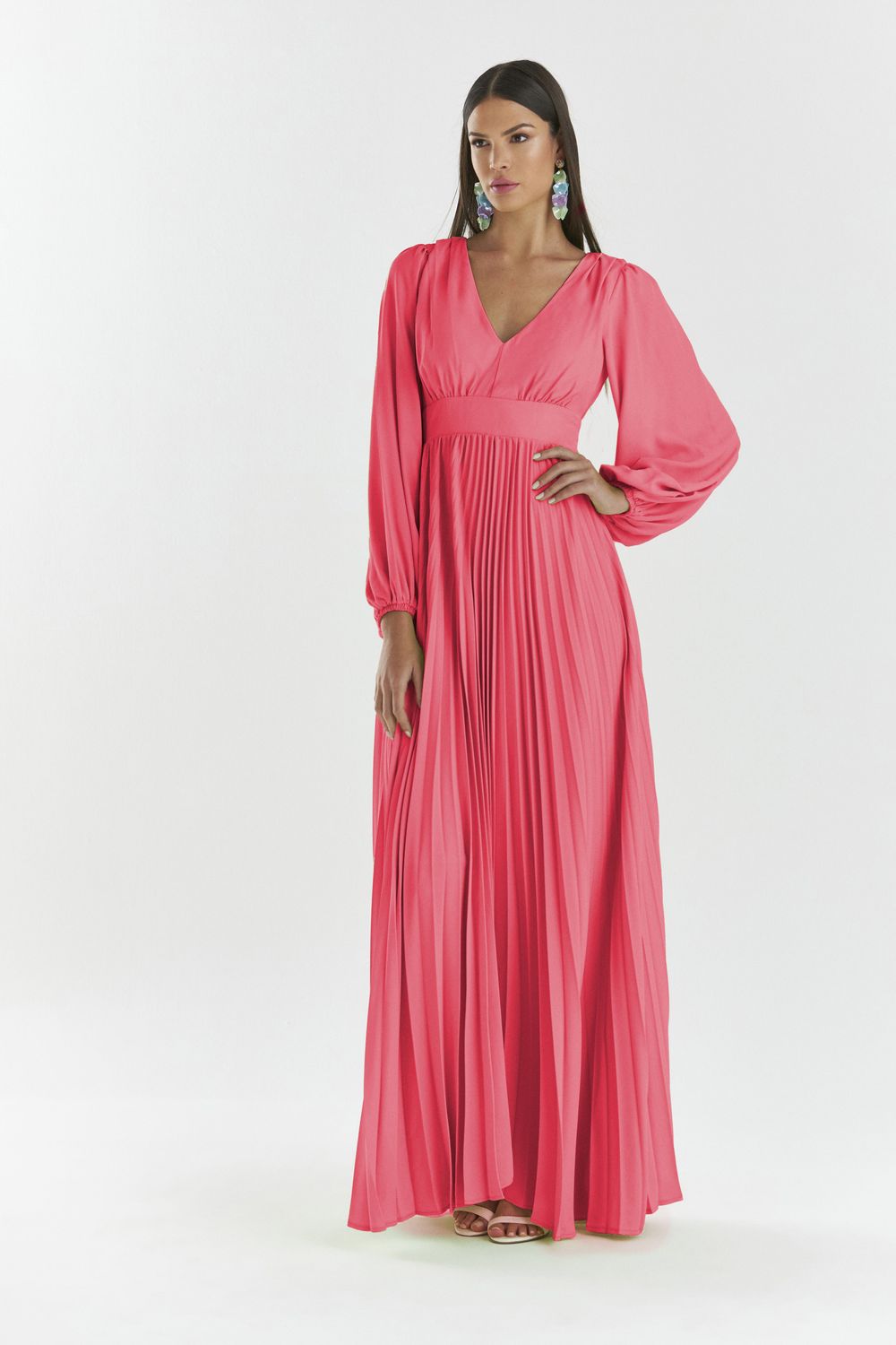 VESTIDO LONGO LISO COM SAIA PLISSADA