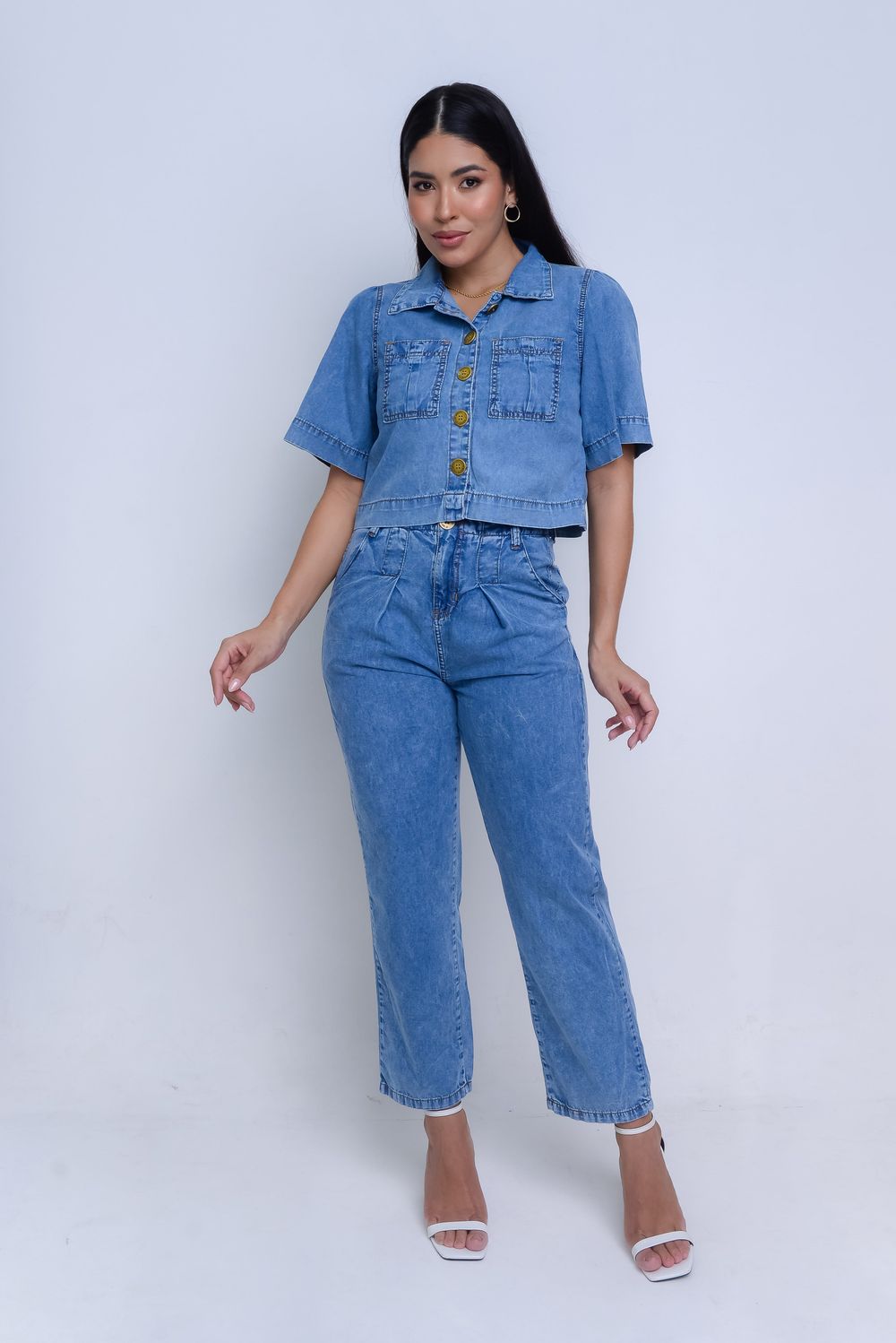 CAMISA CROPPED JEANS LEVE C/ BOLSO FRENTE