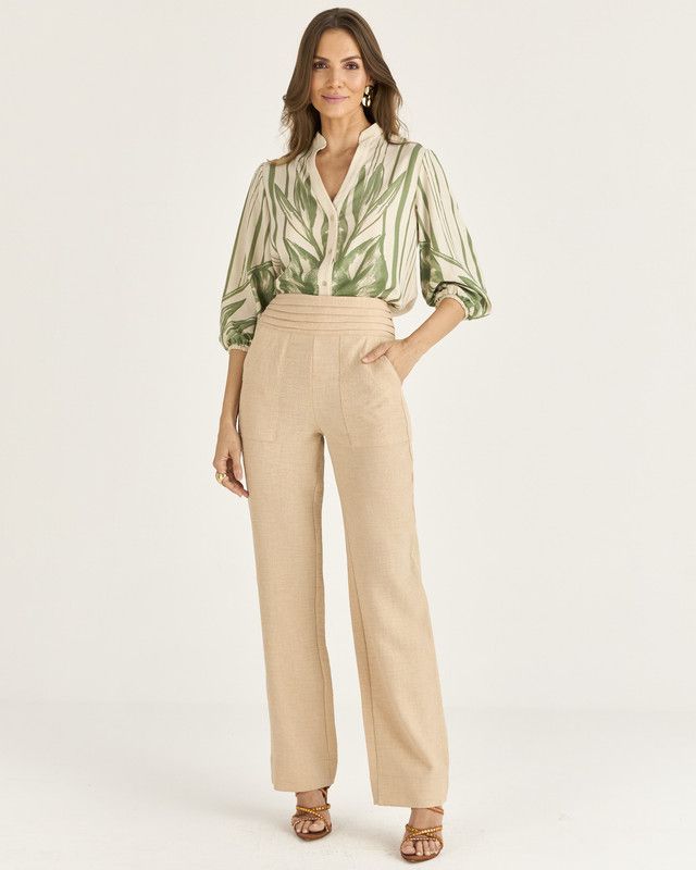 CALÇA RETA LINEN C/ PREGAS NO CÓS