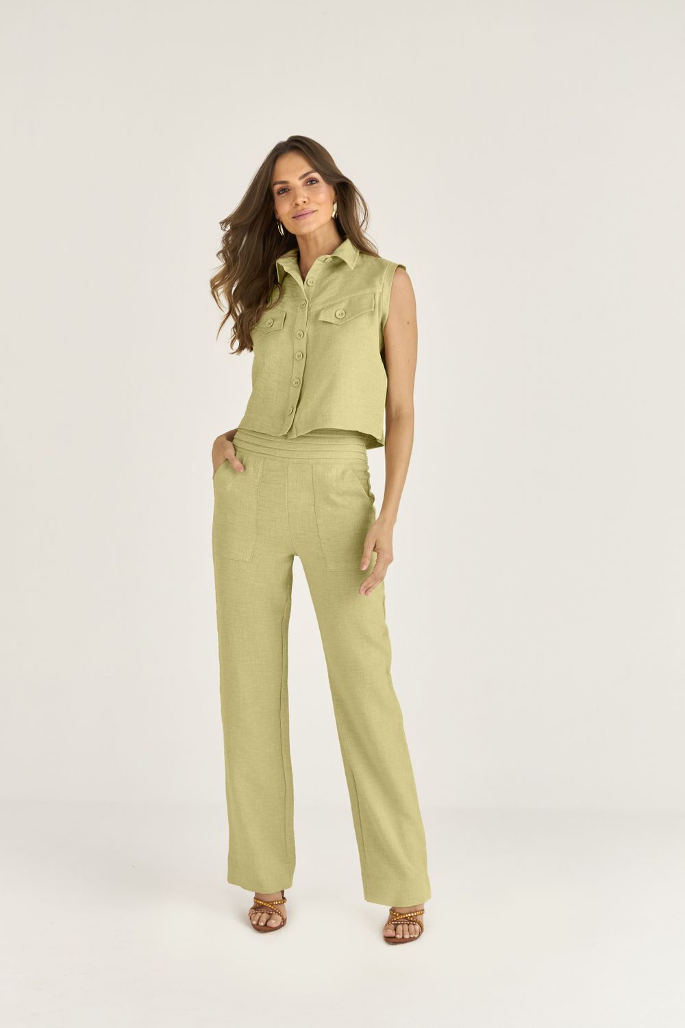 CALÇA RETA LINEN C/ PREGAS NO CÓS