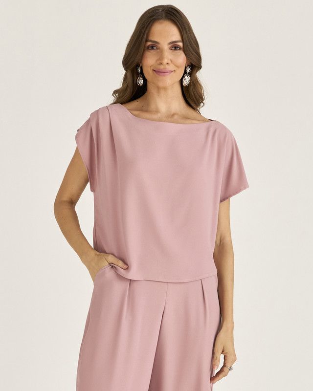 BLUSA EM CREPE ASSIMÉTRICA C/ PREGAS NO OMBRO