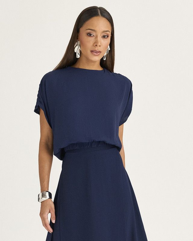 BLUSA EM CREPE C/ ELÁSTICO E OMBRO FRANZIDO