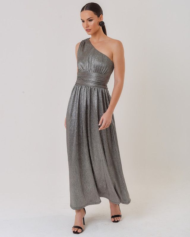 VESTIDO LONGUETE MALHA PLISSADA OMBRO ÚNICO