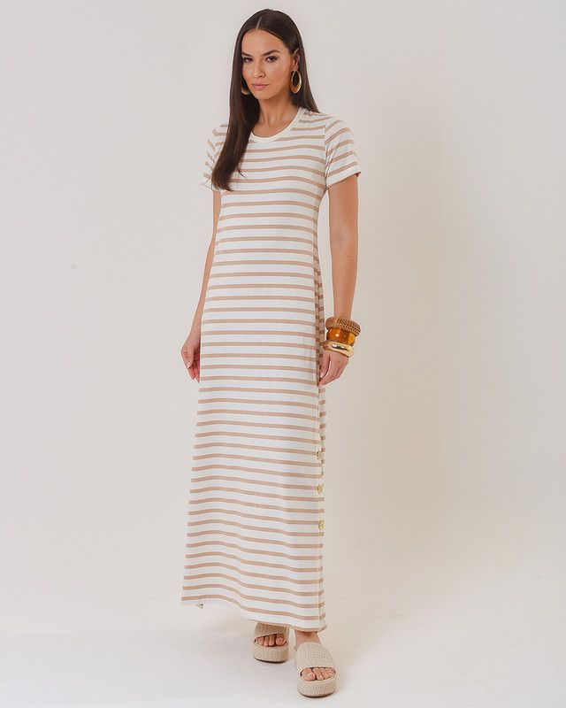 VESTIDO LONGUETE MALHA LISTRADA C/ BOTÕES OURO