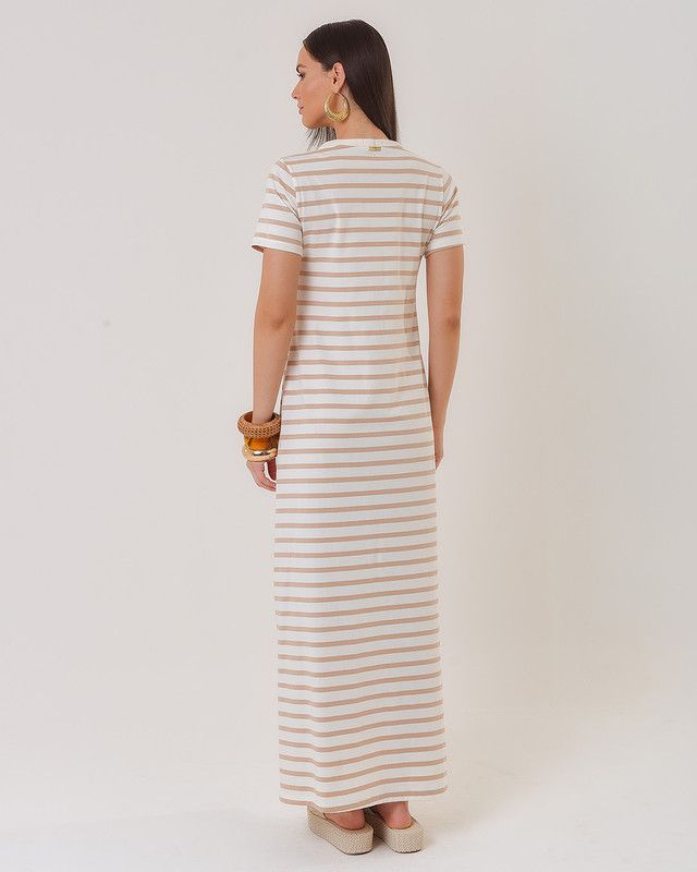 VESTIDO LONGUETE MALHA LISTRADA C/ BOTÕES OURO