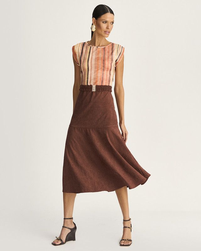 VESTIDO MALHA LISTRA HARMONIA C/ SAIA CHAMOIS