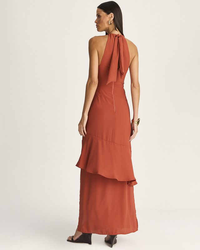 VESTIDO LONGO EM CREPE C/ BABADOS ASSIMÉTRICOS