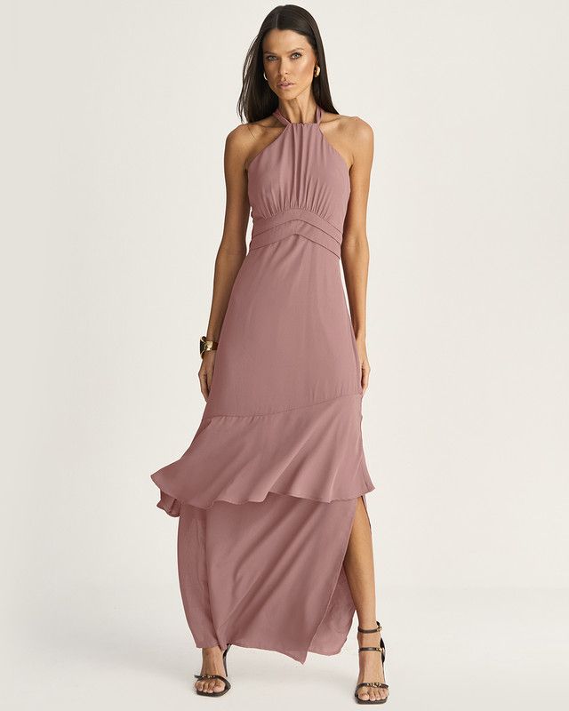 VESTIDO LONGO EM CREPE C/ BABADOS ASSIMÉTRICOS