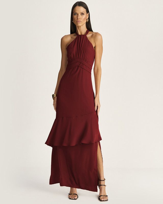 VESTIDO LONGO EM CREPE C/ BABADOS ASSIMÉTRICOS