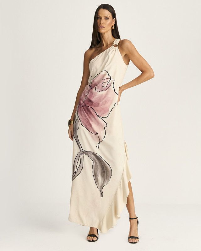VESTIDO OMBRO ÚNICO ALMA DE FLORES