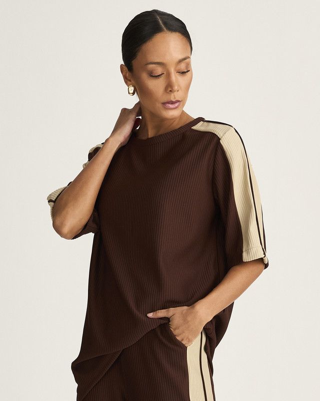 MAXI T-SHIRT MALHA CANELADA BICOLOR