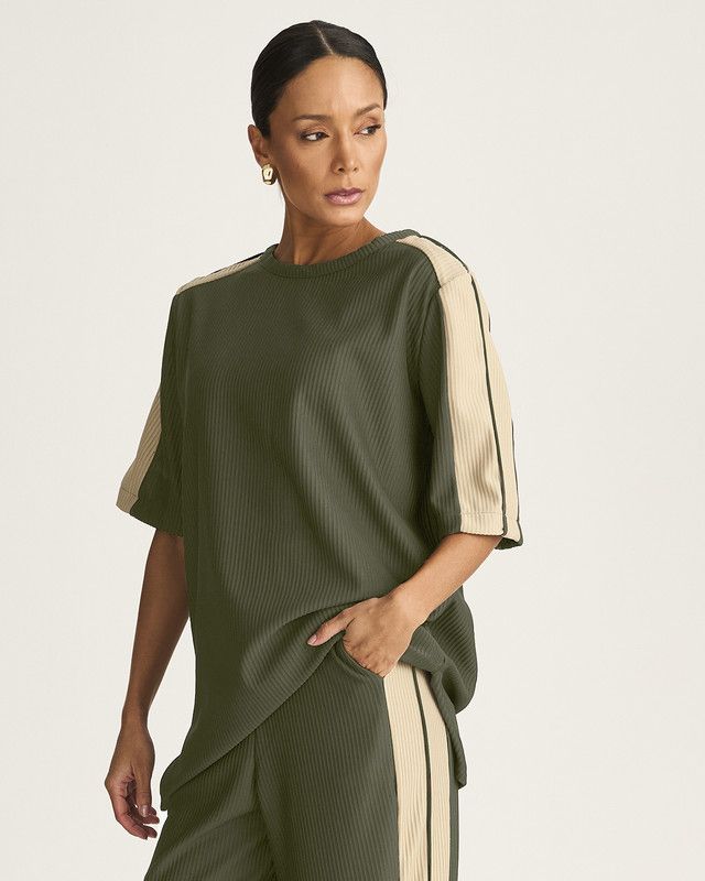 MAXI T-SHIRT MALHA CANELADA BICOLOR