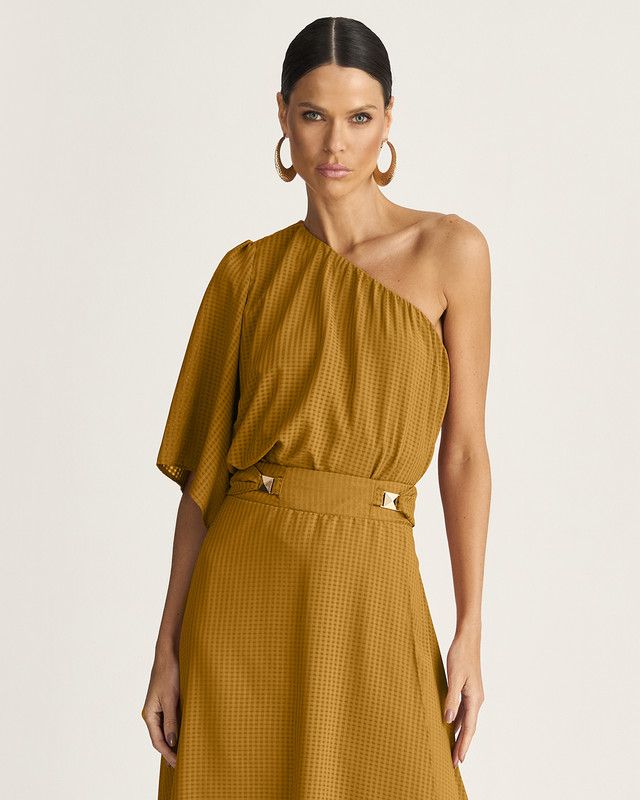BLUSA OMBRO ÚNICO TRANSPARÊNCIA XADREZ