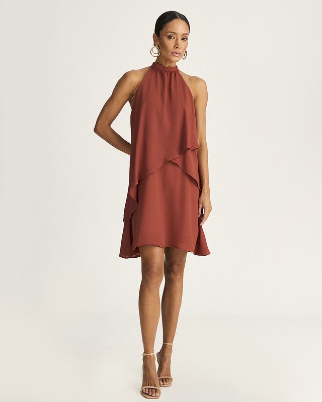 VESTIDO CURTO EM CREPE C/ BABADO CASCATA