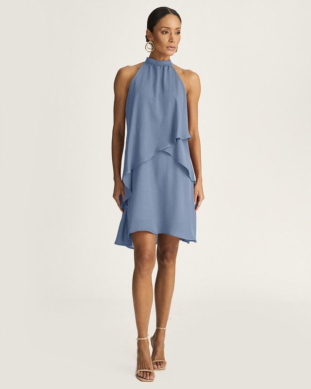 VESTIDO CURTO EM CREPE C/ BABADO CASCATA
