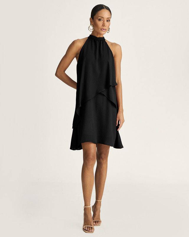 VESTIDO CURTO EM CREPE C/ BABADO CASCATA