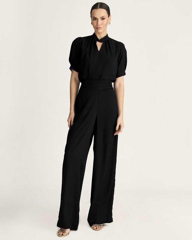 CALÇA EM CREPE FRISÉ C/ DETALHES DE VIÉS