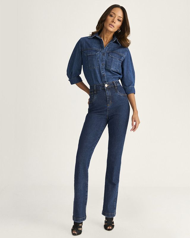 CALÇA JEANS C/ LYCRA BOCA RETA C/ RECORTE BOLSO