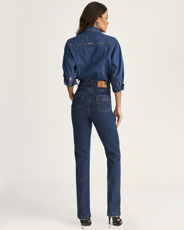 CALÇA JEANS C/ LYCRA BOCA RETA C/ RECORTE BOLSO
