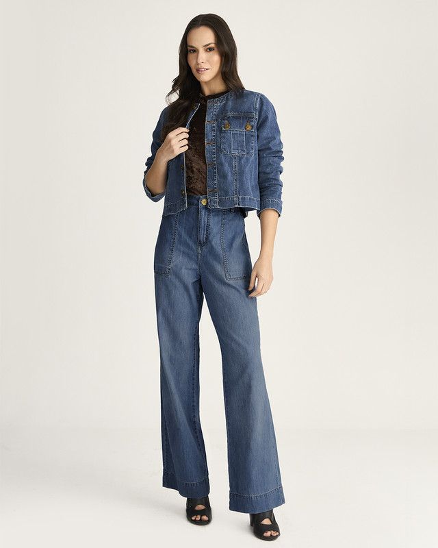 CALÇA JEANS WIDE LEG COM FILIGRANA BOLSO