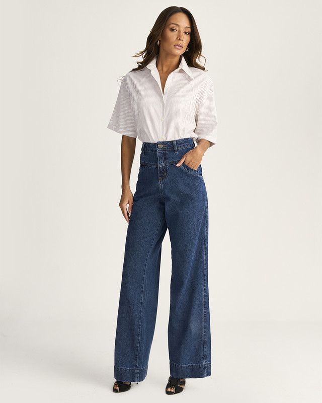 CALÇA WIDE LEG REC. FRENTE LAVAGEM ESCURA