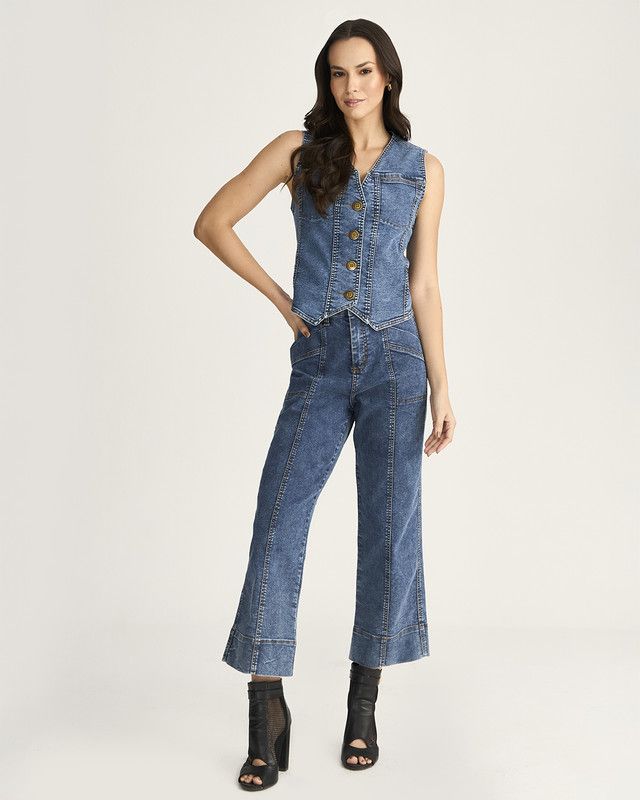 CALÇA CROPPED JEANS C/ LYCRA E BOLSO GRANDE