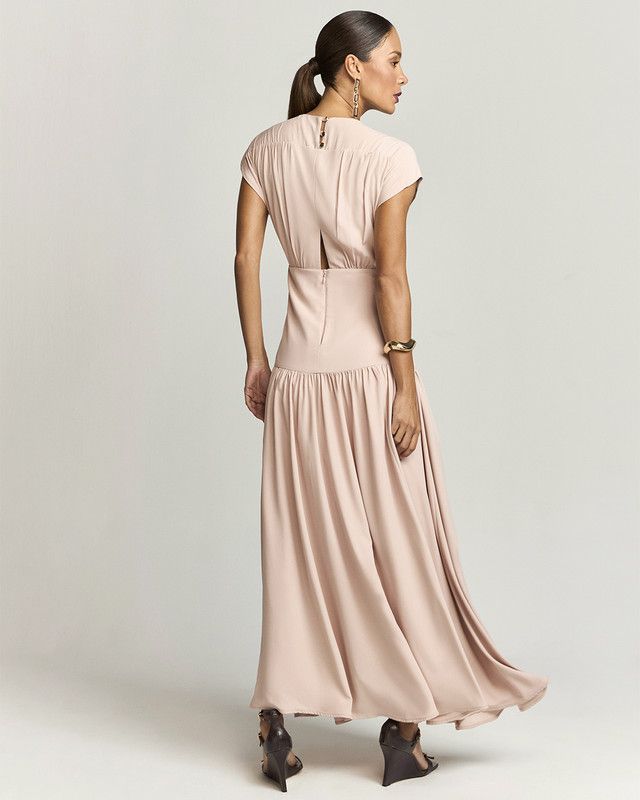 VESTIDO LONGUETE EM CREPE C/ BLUSA FRANZIDA