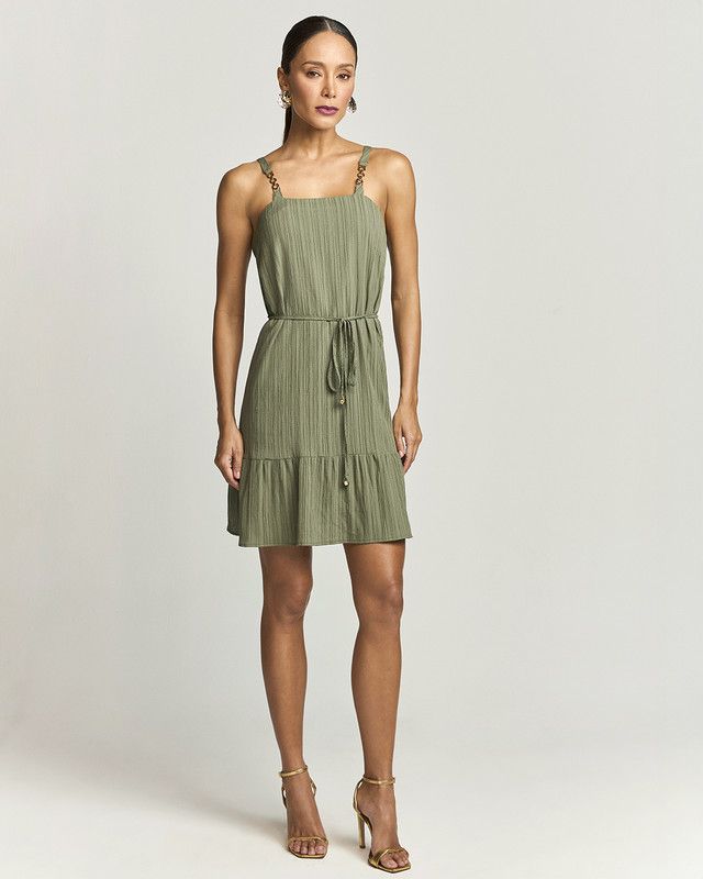 VESTIDO CURTO CANVAS C/ BABADO E CINTO