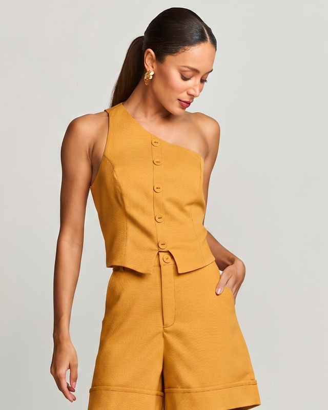 TOP OMBRO ÚNICO LINEN C/ LINHA CONSTRASTANTE