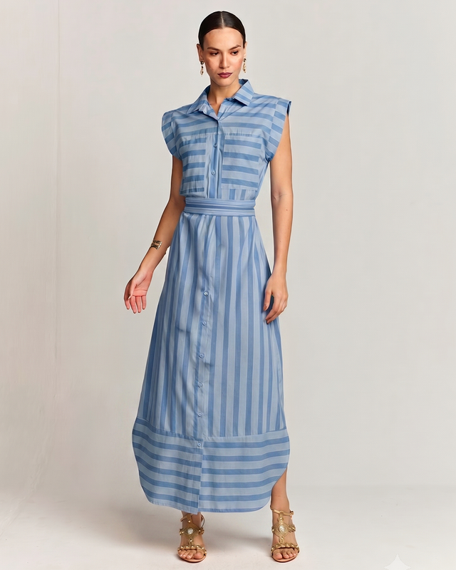 VESTIDO MIDI CHAMISE LISTRA CAMBRIEDGE COM FAIXA
