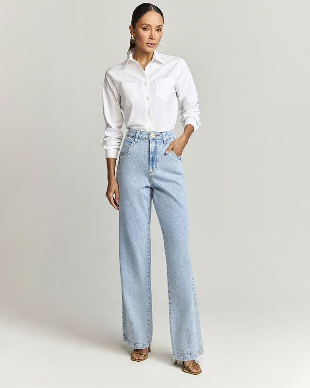 CALÇA JEANS WIDE LEG C/ BORDADO LOGO