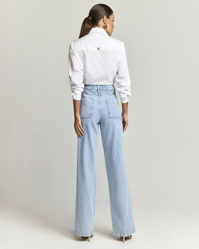 CALÇA JEANS WIDE LEG C/ BORDADO LOGO