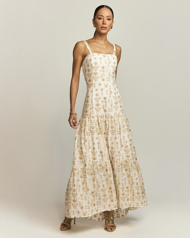 VESTIDO LONGUETE MULLET BORDADO FLORAL OURO