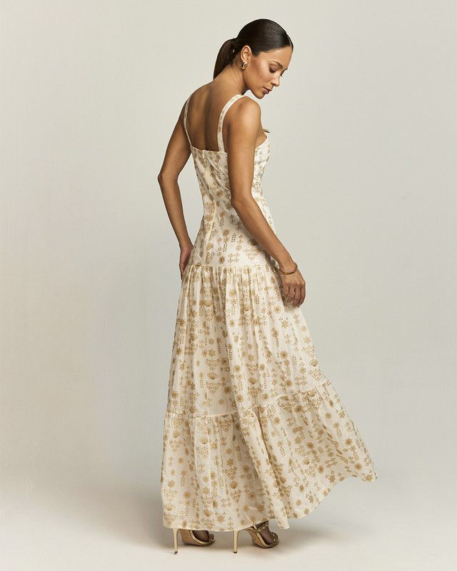 VESTIDO LONGUETE MULLET BORDADO FLORAL OURO