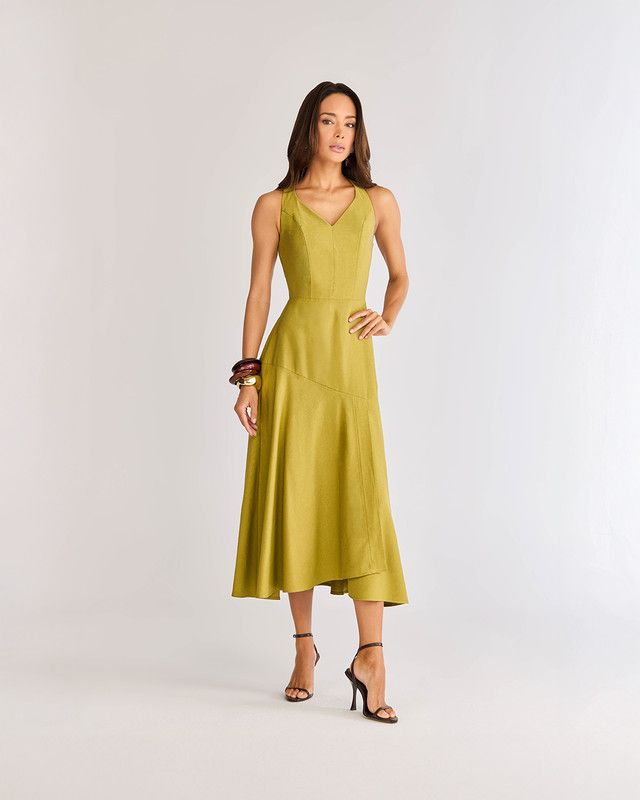 VESTIDO MIDI ALFAIATARIA MIUMIU C/ BABADO ASSIMÉTRICO