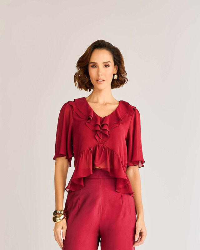 BLUSA EM CREPE C/ BABADOS DUPLOS
