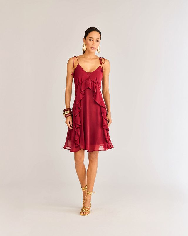 VESTIDO CURTO C/ BABADO CASCATA E AMARRAÇÃO