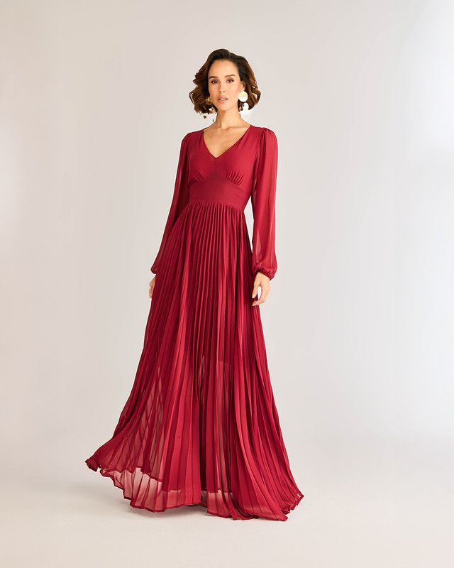 VESTIDO LONGO MANGA LONGA PLISSADO