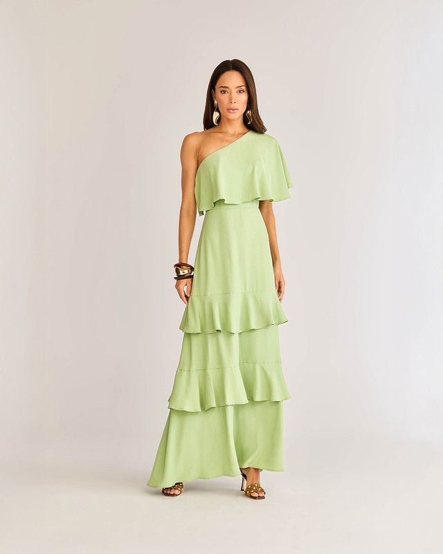 VESTIDO LONGO EM CREPE OMBRO ÚNICO BABADOS