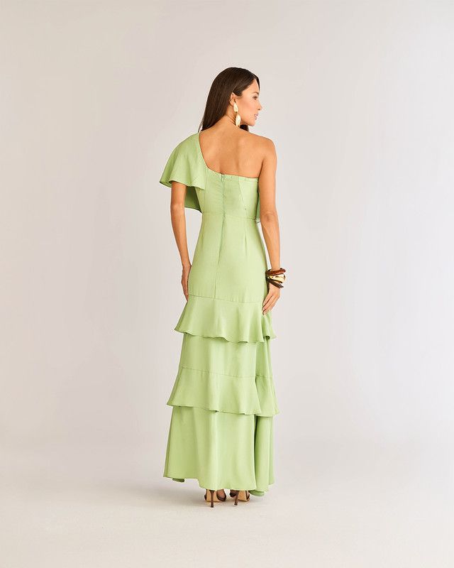 VESTIDO LONGO EM CREPE OMBRO ÚNICO BABADOS