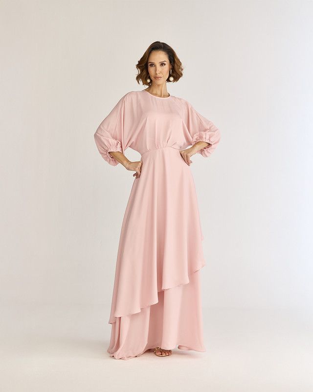 VESTIDO LONGO C/ SAIA TRANSPASSADA E REGATA INTERNA