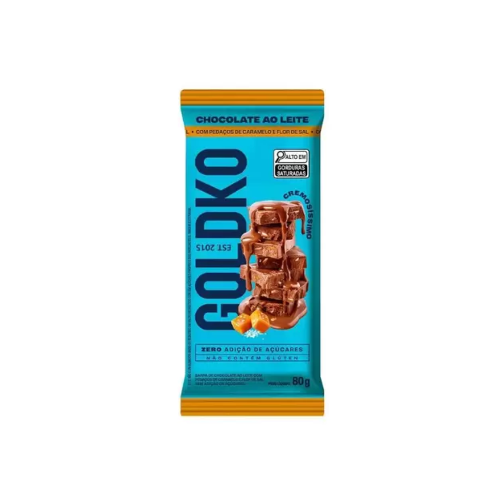 BARRA DE CHOCOLATE AO LEITE + CARAMELO E FLOR DE SAL ZERO GOLDKO 80G