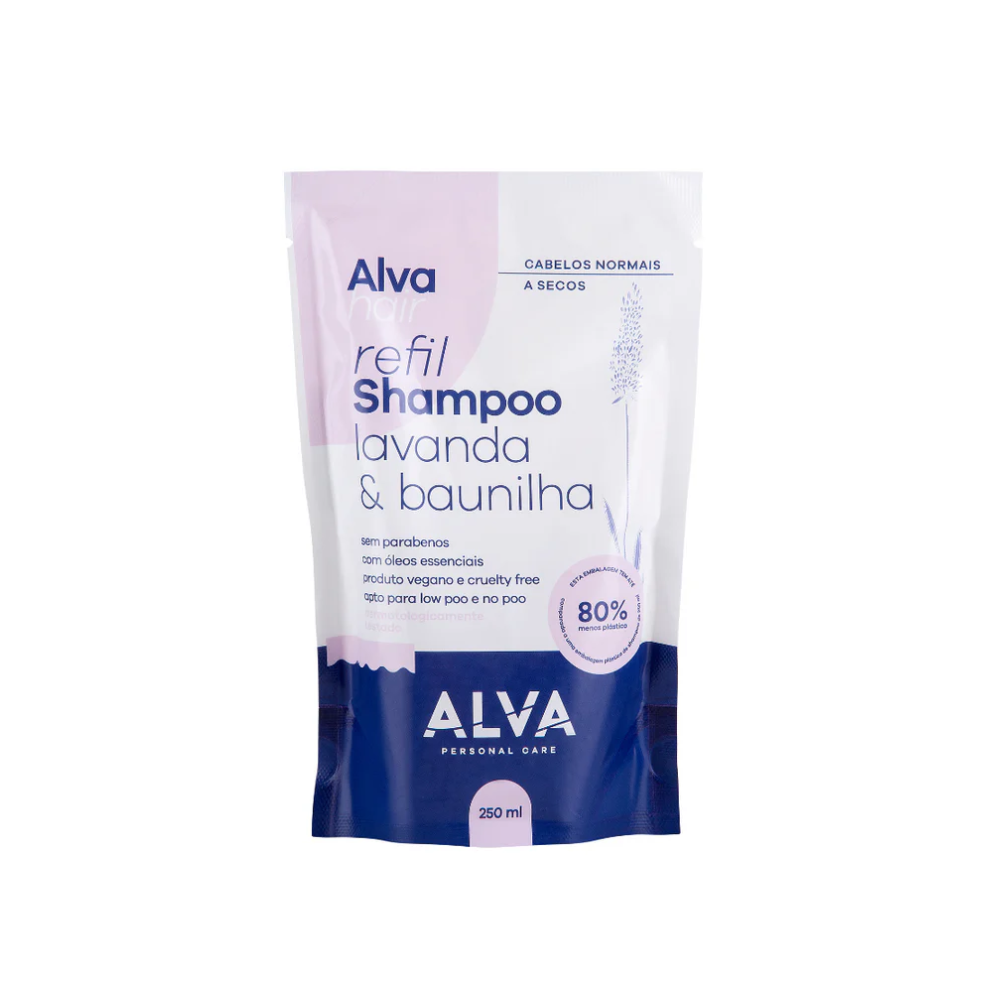 REFIL SHAMPOO VEGANO CABELOS NORMAIS E SECOS LAVANDA E BAUNILHA ALVA 250ML