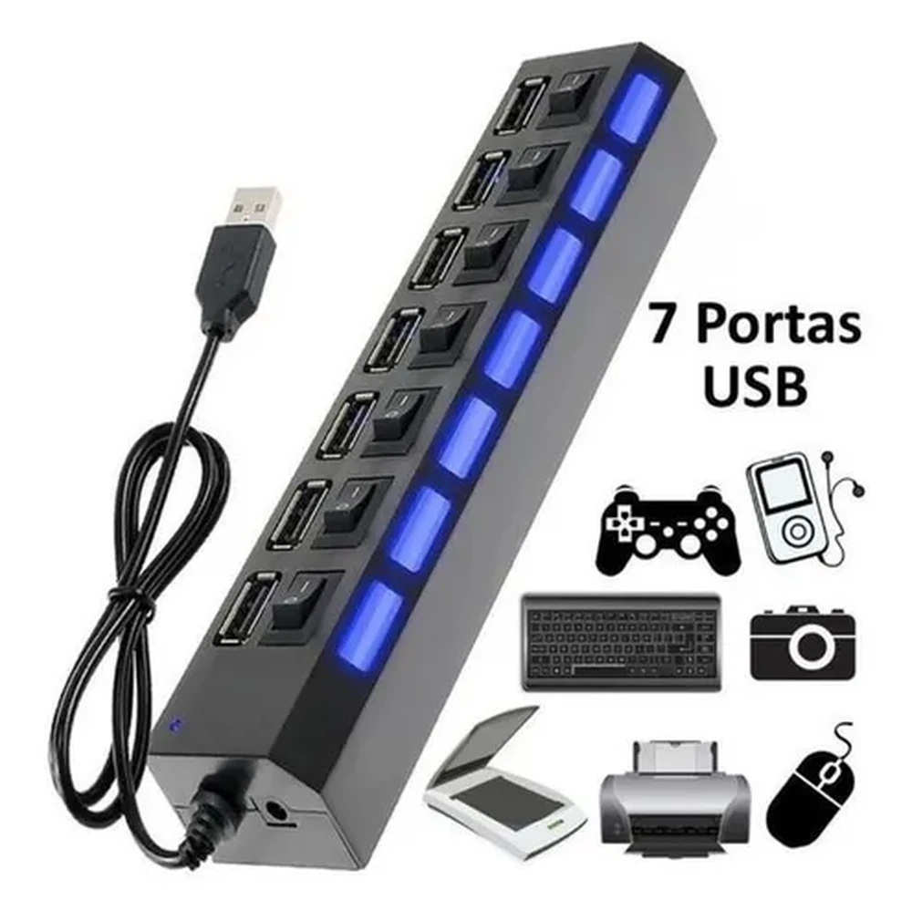 HUB USB 2.0 com 7 Portas USB 2.0, Preto