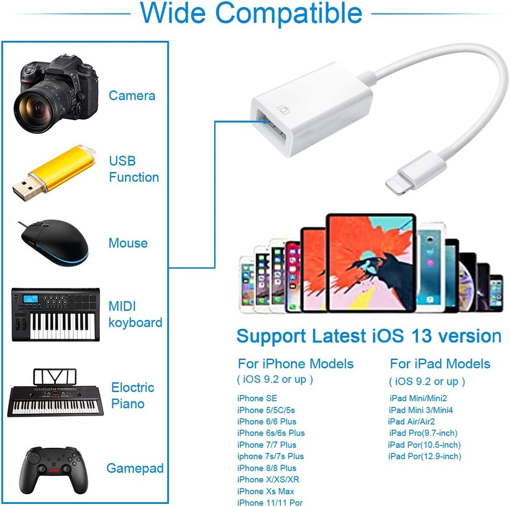 Adaptador de câmera Lightning para USB, adaptador de cabo Lightning fêmea USB OTG para iPhone selecionado, modelos iPad,