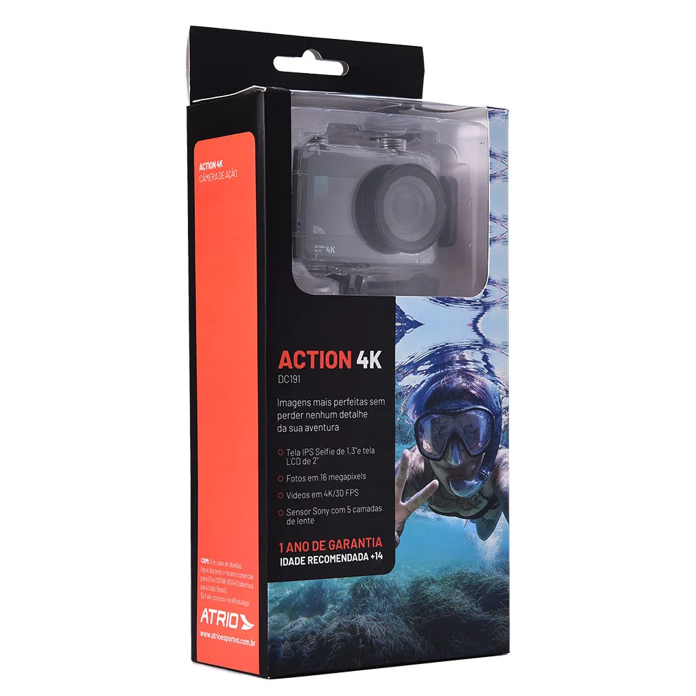 Câmera De Ação Action+Selfie 4k Wi-fi - Tela Lcd 2pol - 16mp 30 Fps 900 Mah - Atrio